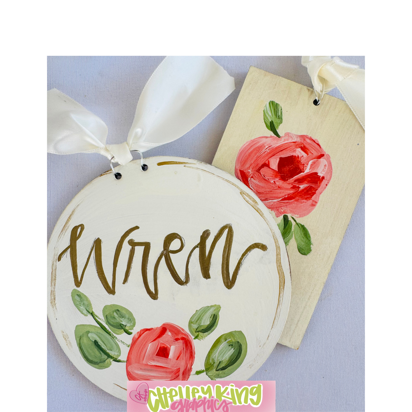 Hand painted and lettered personalized art- Rose Christmas Ornament or gift tag
Approximately 6" ...
Just let us know what you would like it to say, the color bow, and the color writing!:)
Would you like a custom color or design? Please reach out to me at chelley@chelleyking.com!
chelleykingdesigns.com