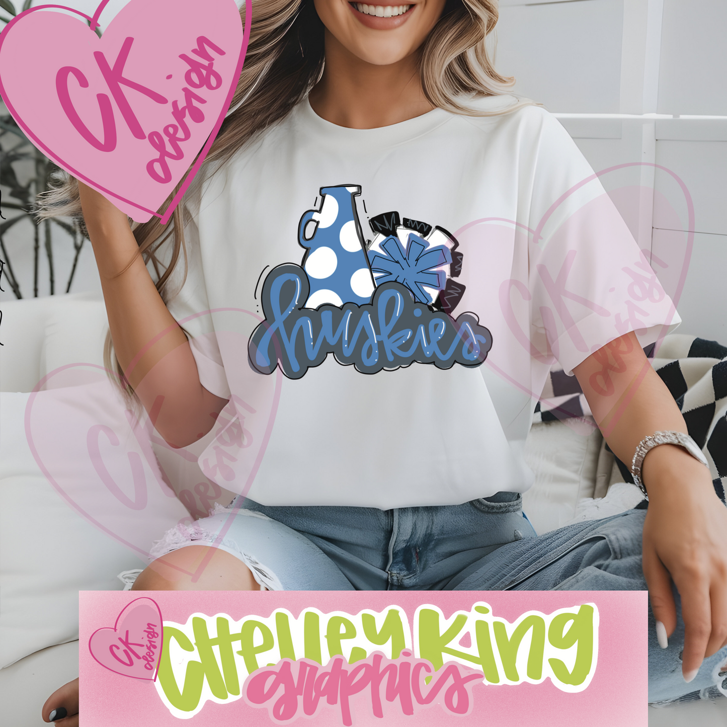 Hand lettered light blue and white Huskies Cheerleading instant digital download PNG for DTG 