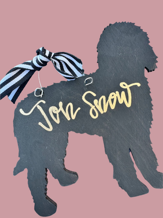 Hand painted and personalized art ornament- Doodle Dog hand lettered