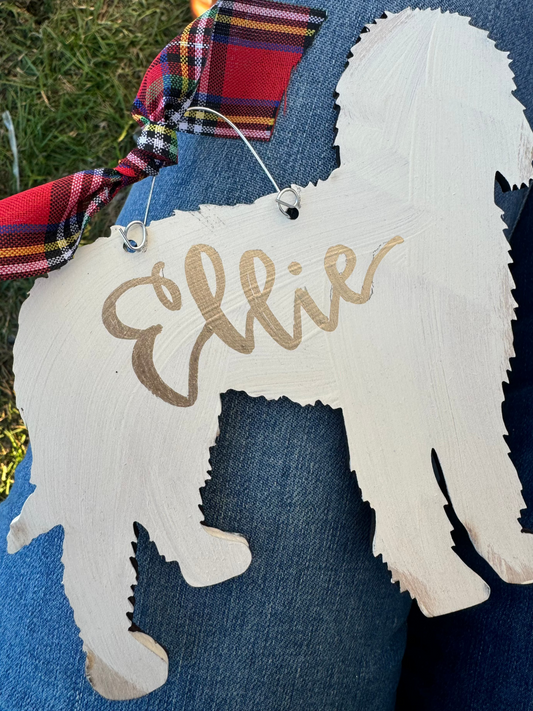 Hand painted and personalized art ornament- Blonde Doodle Dog hand lettered