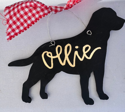 Adorable personalized hand painted wooden art ornament - Black Lab Approximately 6" ... Just let us know what you would like it to say, the color bow, and the color writing!:)