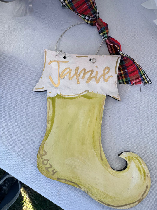 Hand painted and personalized art ornament- Gold Stocking